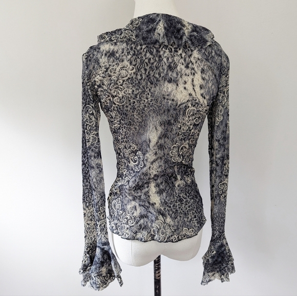Y2K Whimsigoth Sheer Mesh Paisley Leopard Ruffle Blouse - Picture 2 of 11
